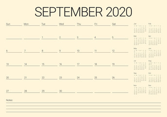 September 2020 desk calendar vector illustration
