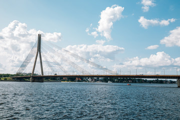 Fototapeta na wymiar Vansu bridge on Daugava river in Riga, Latvia