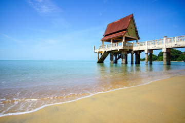 Tropical seascape view with blue sky and ocean background.