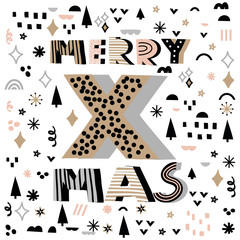 Merry X-mas quote vector illustration with different decorative elements. Hand drawn lettering in square frame. Winter, Christmas time.