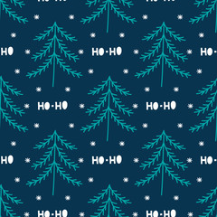 Tree and snowflakes vector pattern background doodle, Scandinavian hand drawn illustration.