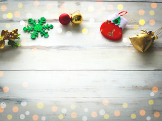 Naklejka na ściany i meble Christmas background , Christmas trimming and ornament on wooden white background with bokeh