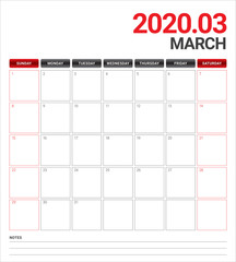 March 2020 desk calendar vector illustration