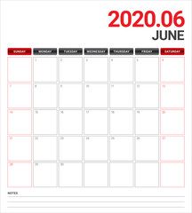 June 2020 desk calendar vector illustration
