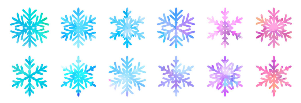 Big bundle set of vector hand drawn doodle watercolor snowflakes