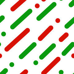 Hand drawing. Seamless pattern. Abstract green and red line with polka dot on white background. Holiday, Merry Christmas and Happy New Year. Season greeting. Can be use decorate for any card, print.