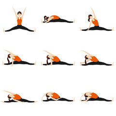 Side seated wide angle yoga asanas set/ Illustration stylized woman practicing parsva upavistha konasana variations