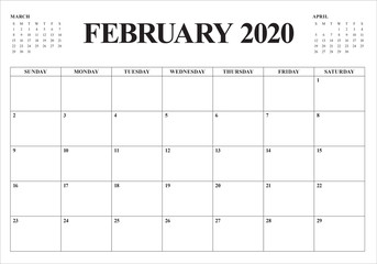 February 2020 desk calendar vector illustration