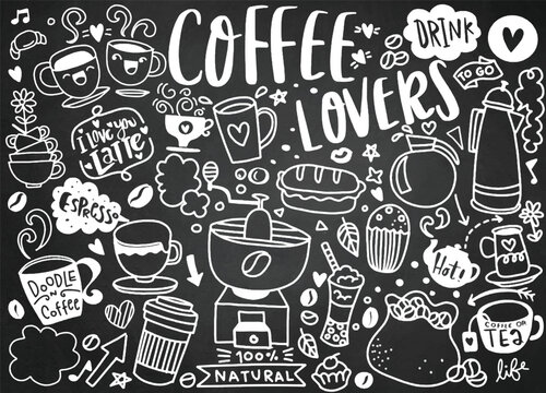 Set of hand drawn coffee and delicious sweets . Vector illustration