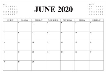 June 2020 desk calendar vector illustration