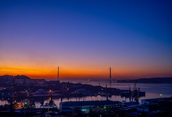 Fototapeta na wymiar Cityscape with view of the sunrise. Vladivostok
