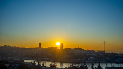 Cityscape with view of the sunrise. Vladivostok