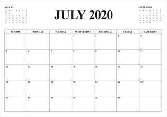 July 2020 desk calendar vector illustration