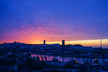 Cityscape with view of the sunrise. Vladivostok