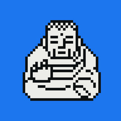 Obraz premium Buddha icon. Pixel art style. Buddhist monk dressed in traditional religious clothing. Summer vacation. Male pixel art character isolated vector illustration. Design for web, stickers, logo, app.