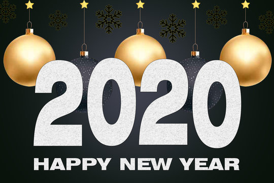 Happy new year 2020, White text on black color Background, Illustration merry Christmas and happy new year 2019-2020.