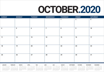 October 2020 desk calendar vector illustration