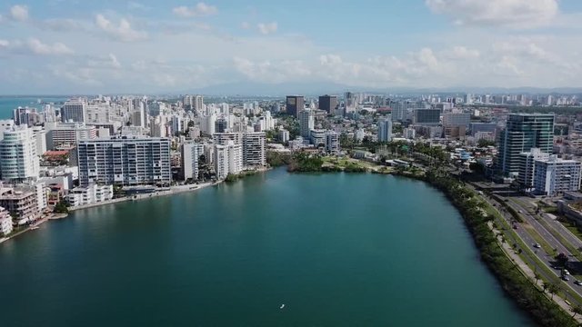 Droning over Laguna Del Condado Puerto Rico towards Santurce