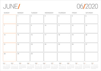 June 2020 desk calendar vector illustration