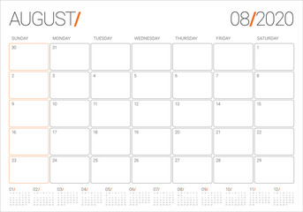 August 2020 desk calendar vector illustration