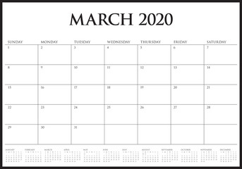 March 2020 desk calendar vector illustration