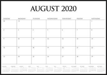 August 2020 desk calendar vector illustration