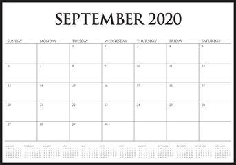 September 2020 desk calendar vector illustration