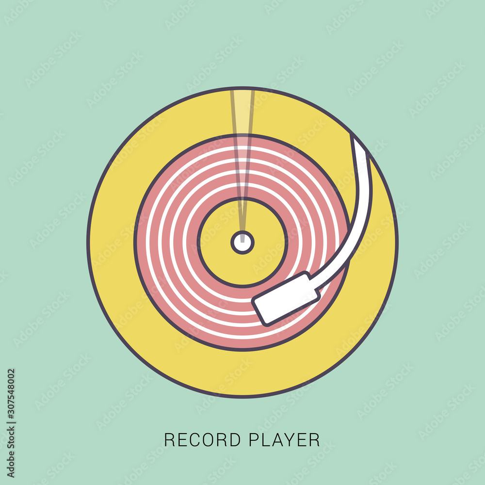 Poster retro turntable vinyl record player vector. red and green color with outline concept.