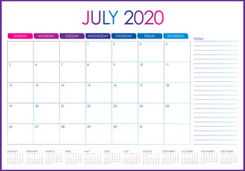 July 2020 desk calendar vector illustration