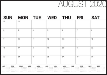 August 2020 desk calendar vector illustration