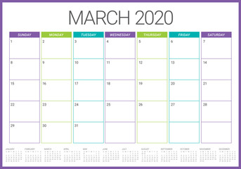 March 2020 desk calendar vector illustration