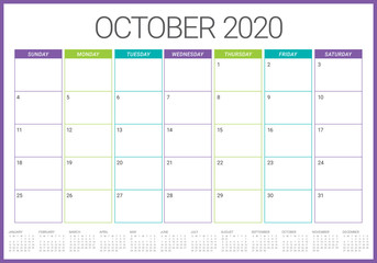 October 2020 desk calendar vector illustration
