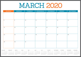 March 2020 desk calendar vector illustration