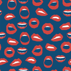 Fototapeta na wymiar Seamless pattern with bright red lips on a bright blue background. Female mouth in red lipstick, passionate, smiling, screaming.