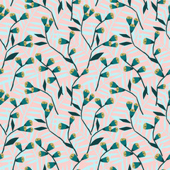 Seamless pattern of small branches with yellow flowers. Tiny geometric flowers and tropical leaves on a background. Repeating ornament in delicate pink colors.