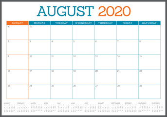 August 2020 desk calendar vector illustration