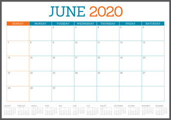 June 2020 desk calendar vector illustration
