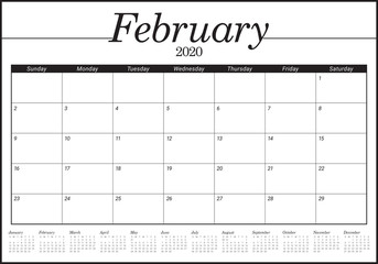 February 2020 desk calendar vector illustration