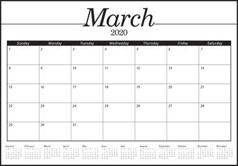 March 2020 desk calendar vector illustration