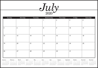 July 2020 desk calendar vector illustration