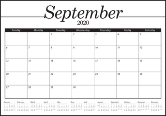 September 2020 desk calendar vector illustration