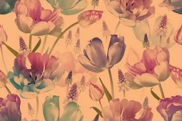 Nahtloses Blumenmuster der Weinlese. Schöne Frühlingsblumen Tulpen und Muscari. Mode-Hintergrund. Design für Papier, Tapeten, Dekorationsverpackungen, Textilien. Illustrationskunst. © marinavorona