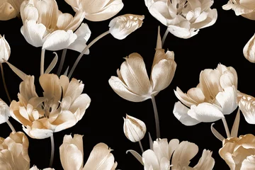 Nahtloses Blumenmuster der Weinlese. Schöne Tulpen mit weißen Frühlingsblumen auf Schwarz. Mode-Hintergrund. Design für Papier, Tapeten, Dekorationsverpackungen, Textilien. Illustrationskunst. © marinavorona