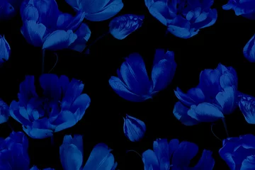 Nahtloses Blumenmuster der Weinlese. Schöne frühlingsblaue Blumentulpen auf Schwarzem. Mode-Hintergrund. Design für Papier, Tapeten, Dekorationsverpackungen, Textilien. Illustrationskunst. © marinavorona