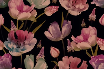 Nahtloses Blumenmuster der Weinlese. Schöne Frühlingsblumen Tulpen und Muscari auf Schwarz. Mode-Hintergrund. Design für Papier, Tapeten, Dekorationsverpackungen, Textilien. Illustrationskunst. © marinavorona