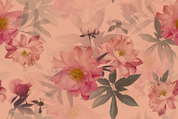 Floral seamless pattern. Beautiful  blooming flowers peonies and leaves. Fashion background. Design for paper, wallpaper, decoration packaging, textile. Pastel color. Vintage illustration art.