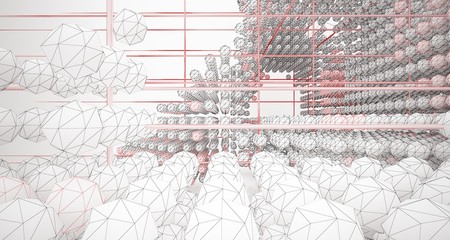 Drawing abstract architectural white interior from an array of spheres with large windows. 3D illustration and rendering.