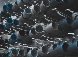 Set of ceramic cups in trendy blue color. Main color of the year 2020.