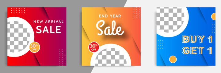 Three set of sale square banner. Abstract gradient modern geometric design style template. Suitable for advertising and promotion in social media post,blog, web. Vector Illustration. 