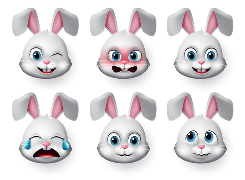 Emoticon rabbit face vector set. Rabbit or bunny emojis and emotions animal face with angry, crying, scared and cute faces for character sign and symbol isolated in white background. 